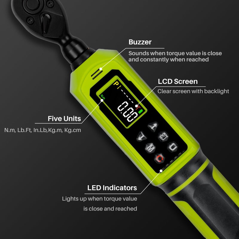 XEIMILE Digital Torque Wrench 1/4" Drive-4-266In.Lb/0.45-30N.m, Electric Torque Wrench With Vibration Buzzer LED Indicator,Â±2% Accuracy Five Units for Bike Motorcycle Car Auto Repair,DIY,Green Black - Image 4