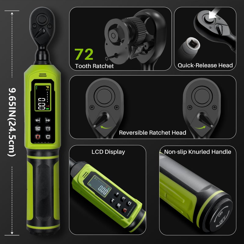 XEIMILE Digital Torque Wrench 1/4" Drive-4-266In.Lb/0.45-30N.m, Electric Torque Wrench With Vibration Buzzer LED Indicator,Â±2% Accuracy Five Units for Bike Motorcycle Car Auto Repair,DIY,Green Black - Image 3