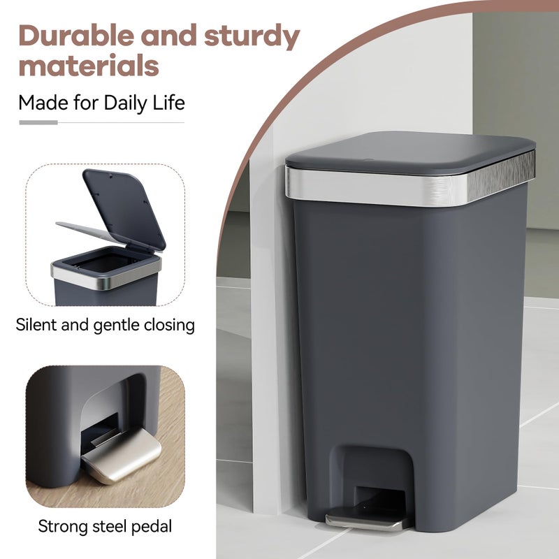 onlcuk Small Bathroom Trash Can with Lid Soft Close, 10 Liter/2.6 Gallon Slim Garbage Can-Metal Step and Press top Lid, Mini Modern Waste Basket for Toilet, Office, Bedroom,Dorm,Dark Gray - Image 5
