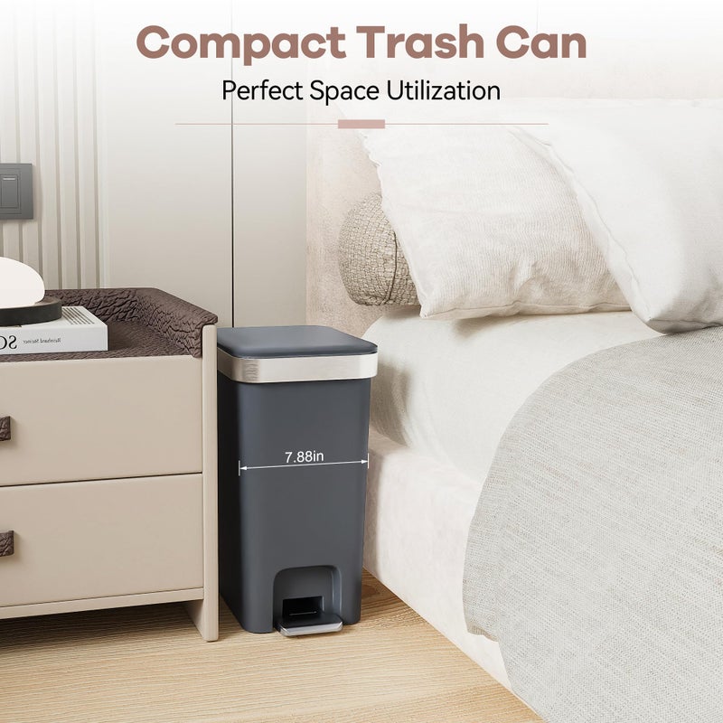 onlcuk Small Bathroom Trash Can with Lid Soft Close, 10 Liter/2.6 Gallon Slim Garbage Can-Metal Step and Press top Lid, Mini Modern Waste Basket for Toilet, Office, Bedroom,Dorm,Dark Gray - Image 3