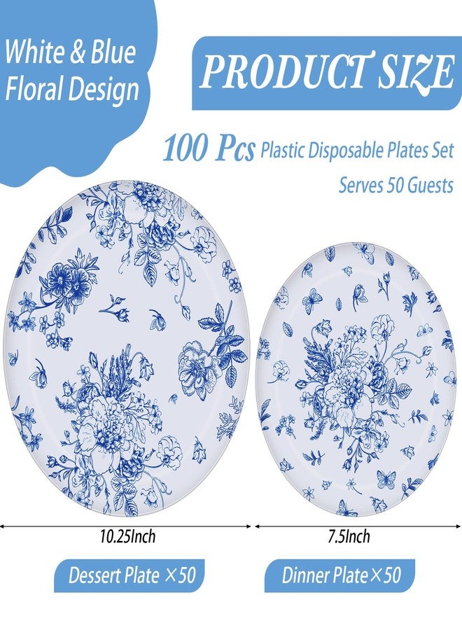 Mifoci 100 Pcs Blue and White Floral Plastic Plates Set for 50 Guests, 50 Pcs 10.25 in Dinner Plates and 50 Pcs 7.5 in Dessert Disposable for Wedding Bridal Baby Shower Tea Party - Image 2