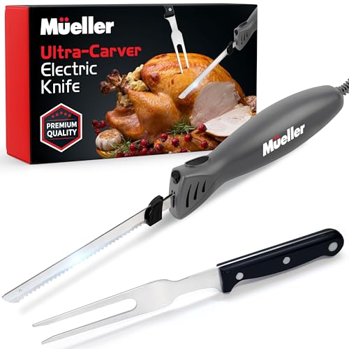 Mueller Mueller UltraCarver Electric Knife for Meat Slicing Turkey Carving Knife Bread Slicer Crafting Foam Stainless Steel Blades Powerful Motor Ergonomic Handle Serving Fork Included Grey - Image 1