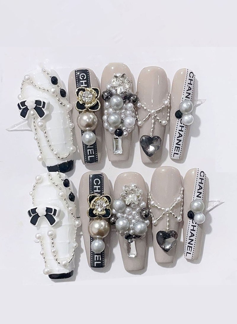 10 PCS Handmade False Nails, White Taupe Ivory Chanel Camellia Bow Diamond Pearl Pendant, Mid-length Press On Nails - Image 1