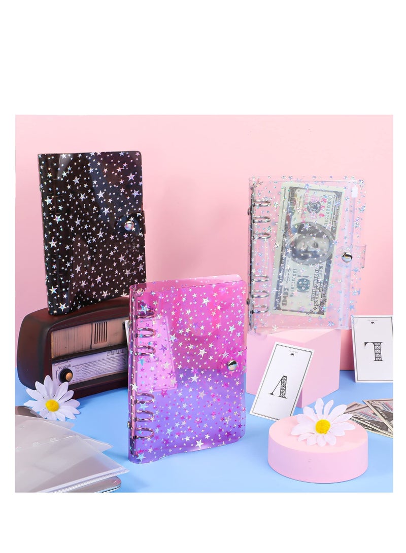 Excefore A6 Notebook Binder, 3 Pcs Cover Star PVC Soft 6-Ring Binder, Cover with Snap Button Closure Loose Leaf Folder Notebook, with Star Decor, for Journal Planner, Office Stationery Supplies - Image 4