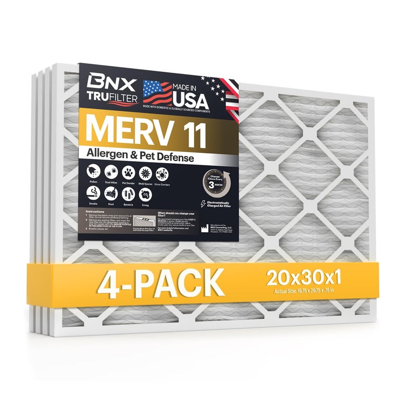 BNX TruFilter 20x30x1 Air Filter MERV 11 (4-Pack) - MADE IN USA - Allergen Defense Electrostatic Pleated Air Conditioner HVAC AC Furnace Filters for Allergies, Dust, Pet, Smoke, Allergy MPR 1200 FPR 7 - Image 1