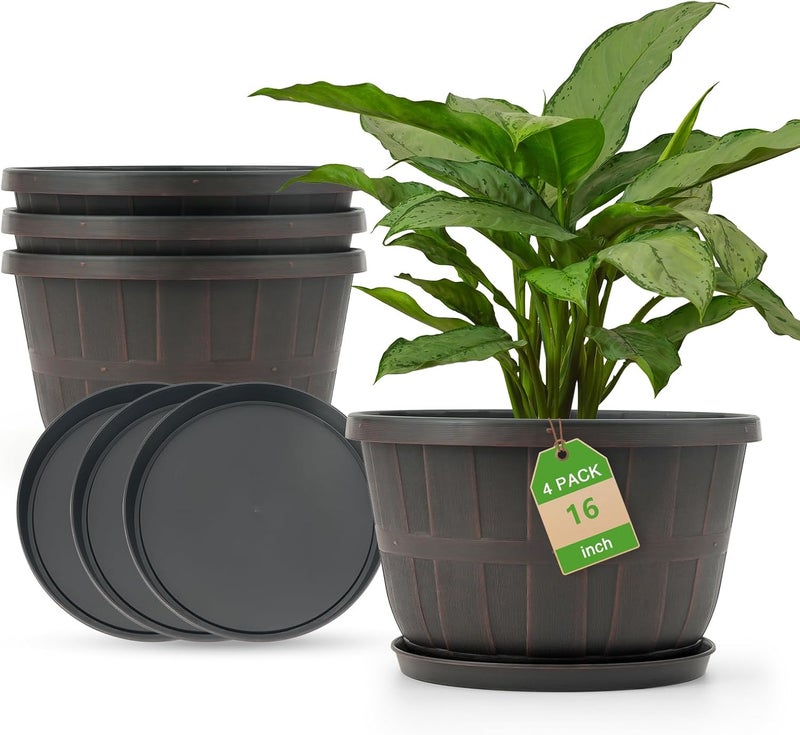 Quarut 16 Inch Brown Classic Plastic Whiskey Barrel Planters Set of 4 with Drainage Holes & Trays for Indoor & Outdoor Use - Image 1