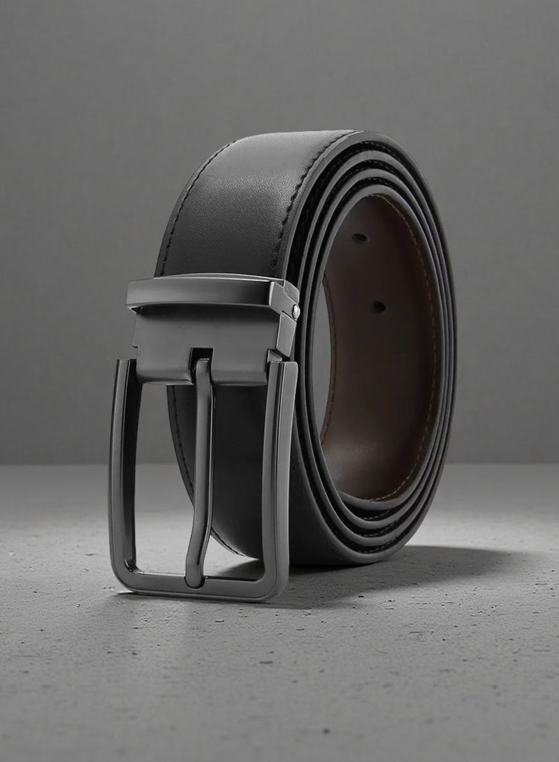 أوليس فيرس  حزام رجالي كلاسيكي للعمل والاسترخاء من جلد طبيعي ثنائي الطبقات بإبزيم تصميم كلاسيكي 115 سم أسود - Image 1