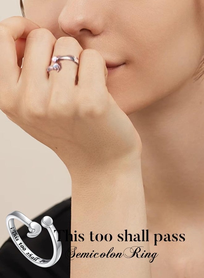 Ladytree This Too Shall Pass Ring Sterling Silver Semicolon Adjustable Ring Inspirational Encouragement Jewelry Size 9 - Image 2