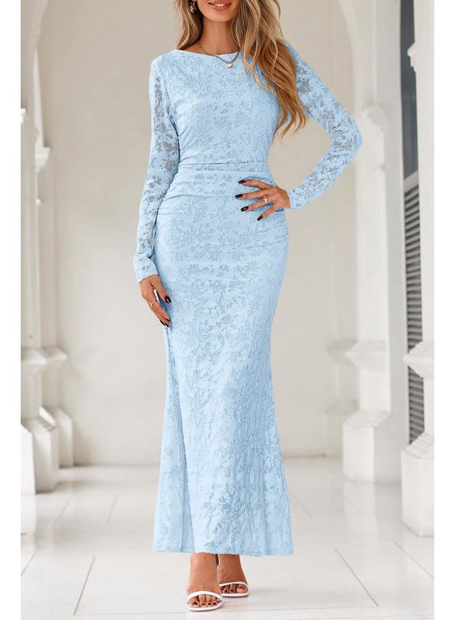 MITILLY Women's Formal Long Sleeve Dress Fall Elegant Floral Bodycon Ruched Cocktail Party Maxi Dresses, Light Blue, L - Image 4