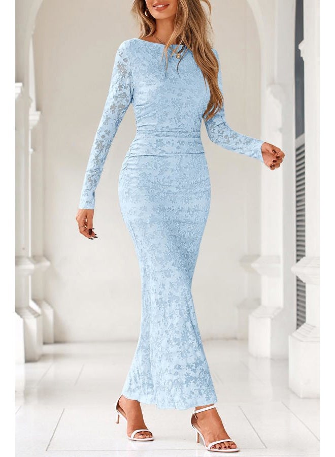 MITILLY Women's Formal Long Sleeve Dress Fall Elegant Floral Bodycon Ruched Cocktail Party Maxi Dresses, Light Blue, L - Image 2