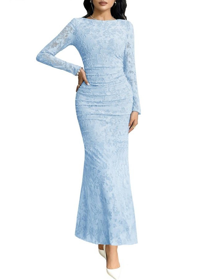MITILLY Women's Formal Long Sleeve Dress Fall Elegant Floral Bodycon Ruched Cocktail Party Maxi Dresses, Light Blue, L - Image 1