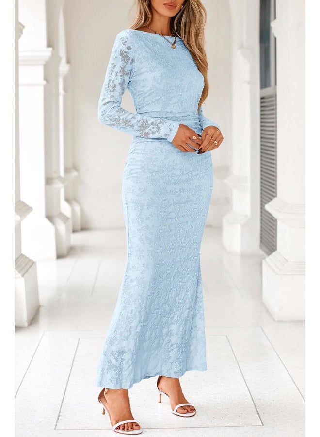 MITILLY Women's Formal Long Sleeve Dress Fall Elegant Floral Bodycon Ruched Cocktail Party Maxi Dresses, Light Blue, L - Image 5