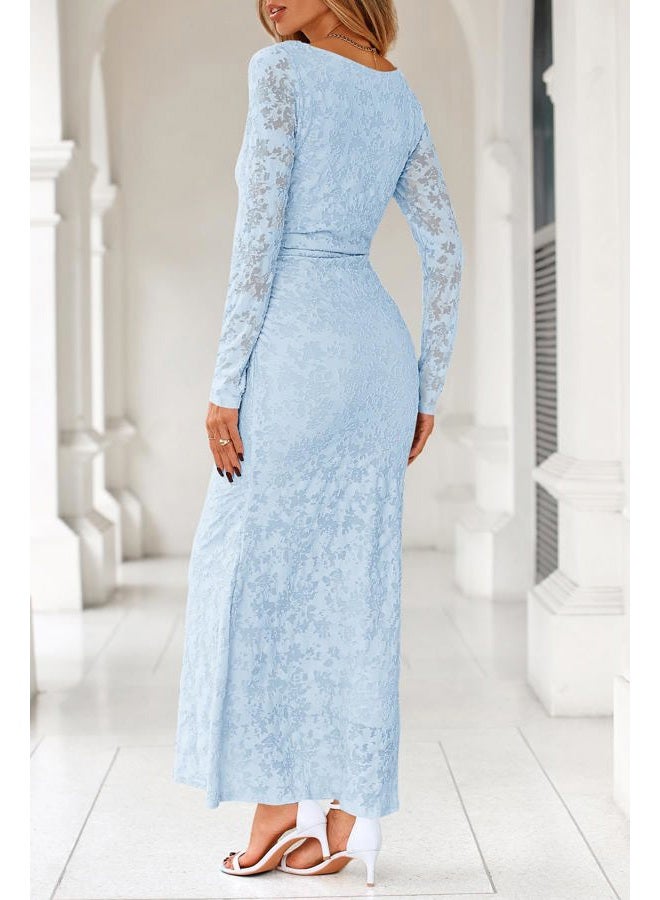 MITILLY Women's Formal Long Sleeve Dress Fall Elegant Floral Bodycon Ruched Cocktail Party Maxi Dresses, Light Blue, L - Image 3