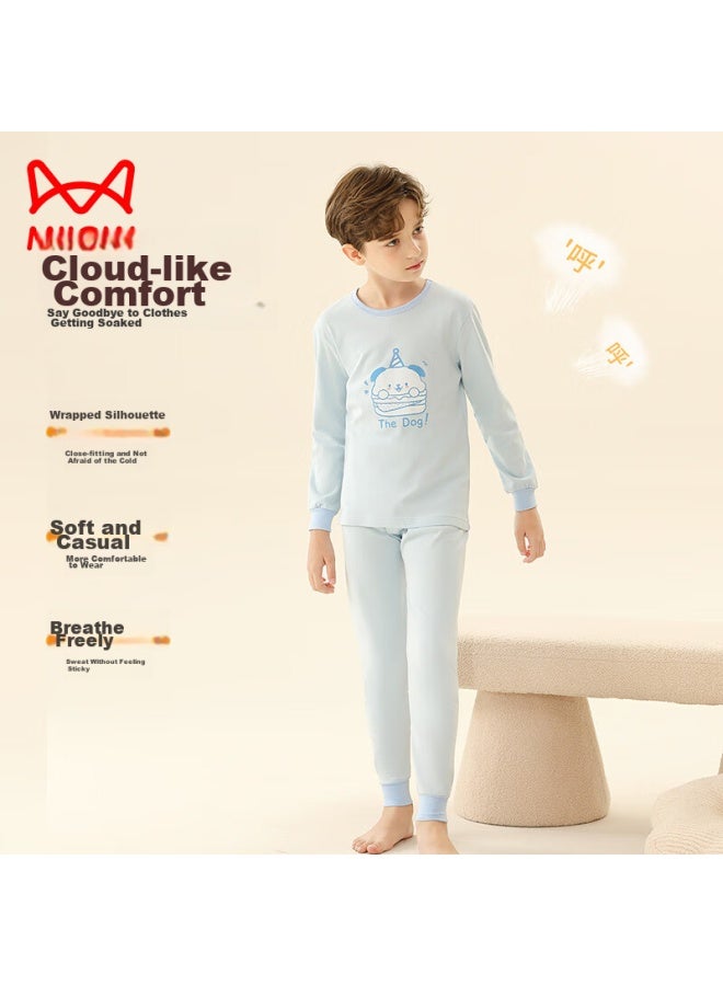 MIIOW MIIOW Children's Thermal Underwear, Boys' Autumn And Winter Round Neck Pure Cotton Undershirt And Pants, Boys' Pajama Set, Blue Puppy, Size 170  - Image 4