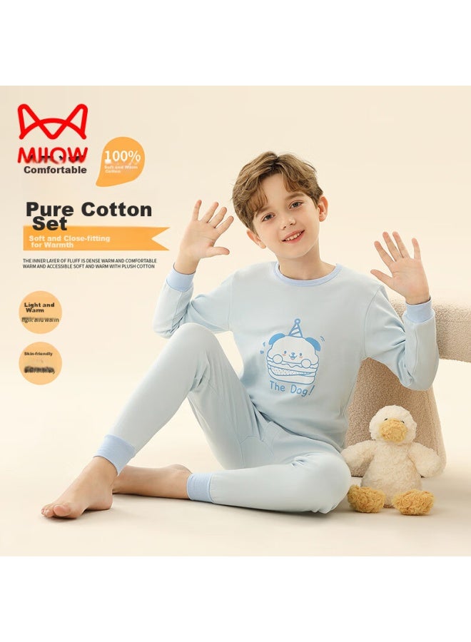 MIIOW MIIOW Children's Thermal Underwear, Boys' Autumn And Winter Round Neck Pure Cotton Undershirt And Pants, Boys' Pajama Set, Blue Puppy, Size 170  - Image 1