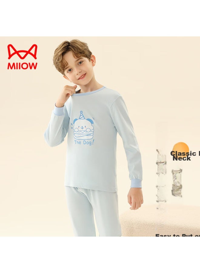 MIIOW MIIOW Children's Thermal Underwear, Boys' Autumn And Winter Round Neck Pure Cotton Undershirt And Pants, Boys' Pajama Set, Blue Puppy, Size 170  - Image 5