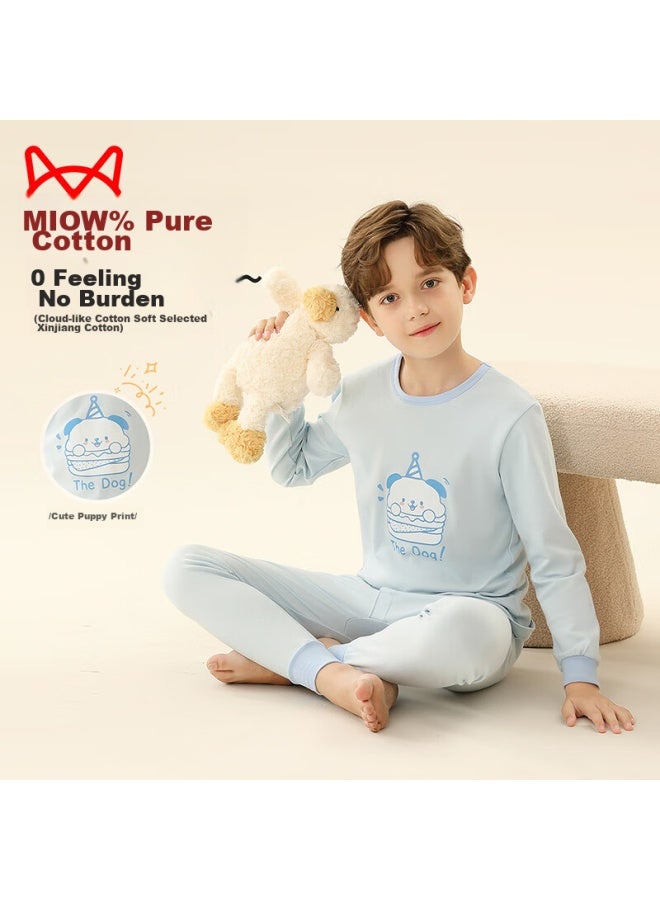 MIIOW MIIOW Children's Thermal Underwear, Boys' Autumn And Winter Round Neck Pure Cotton Undershirt And Pants, Boys' Pajama Set, Blue Puppy, Size 170  - Image 2