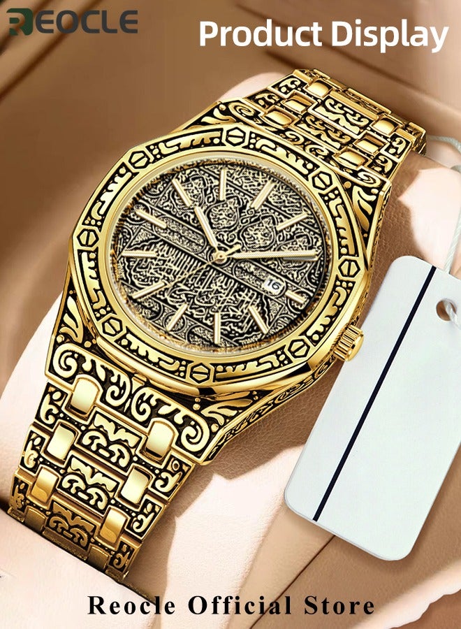 REOCLE Men's Wrist Watch with Unique Carved Pattern & Stainless Steel Strap & Calendar & Waterproof Dial Retro Classic Quartz Watches - Image 3