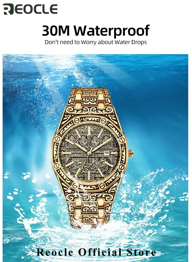 REOCLE Men's Wrist Watch with Unique Carved Pattern & Stainless Steel Strap & Calendar & Waterproof Dial Retro Classic Quartz Watches - Image 5