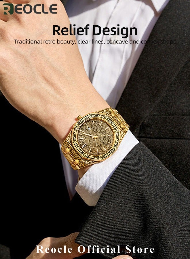 REOCLE Men's Wrist Watch with Unique Carved Pattern & Stainless Steel Strap & Calendar & Waterproof Dial Retro Classic Quartz Watches - Image 2