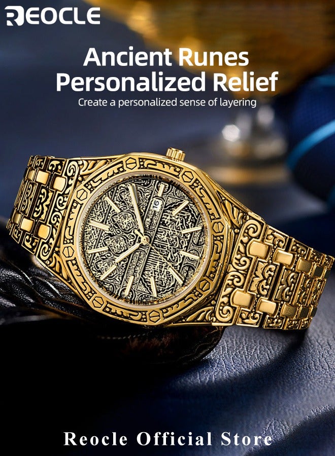 REOCLE Men's Wrist Watch with Unique Carved Pattern & Stainless Steel Strap & Calendar & Waterproof Dial Retro Classic Quartz Watches - Image 4