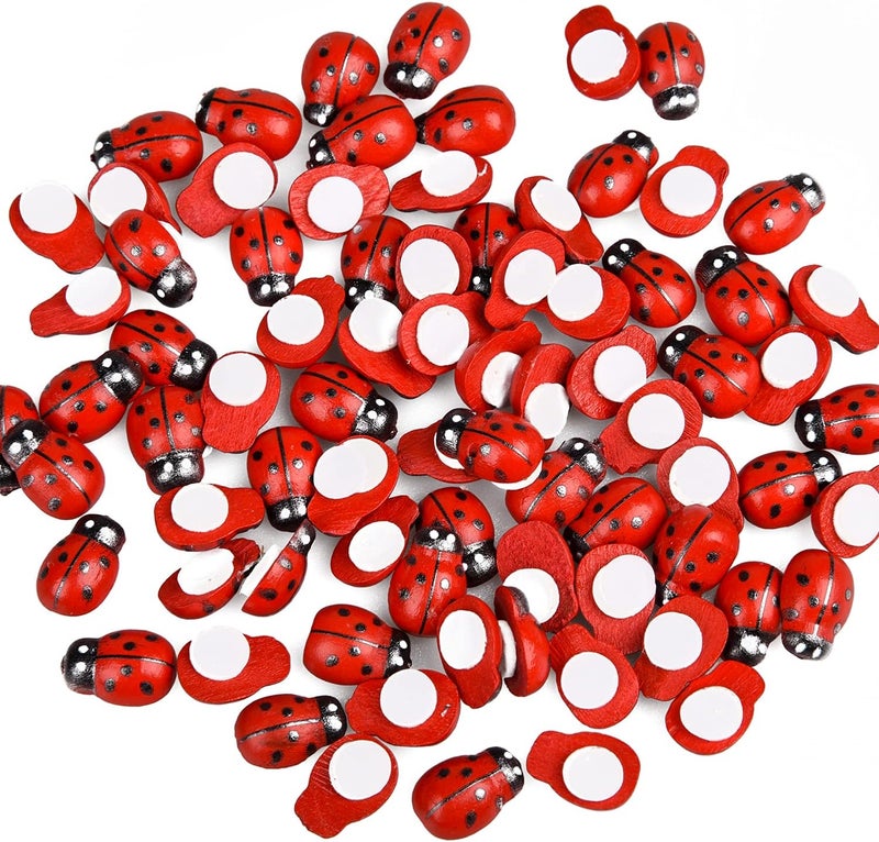 Euvoym 100 Pieces Wooden Ladybird Ladybug Sticker Self Adhesive Ladybirds Mini 9x12mm Ladybugs Craft Card Wood Topper for DIY Craft Home Party Decoration - Image 1