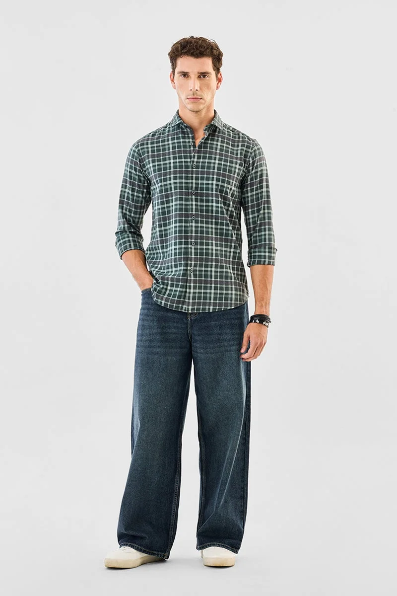 سنيتش Dark Green Checkered Long Sleeve Slim Fit Shirt