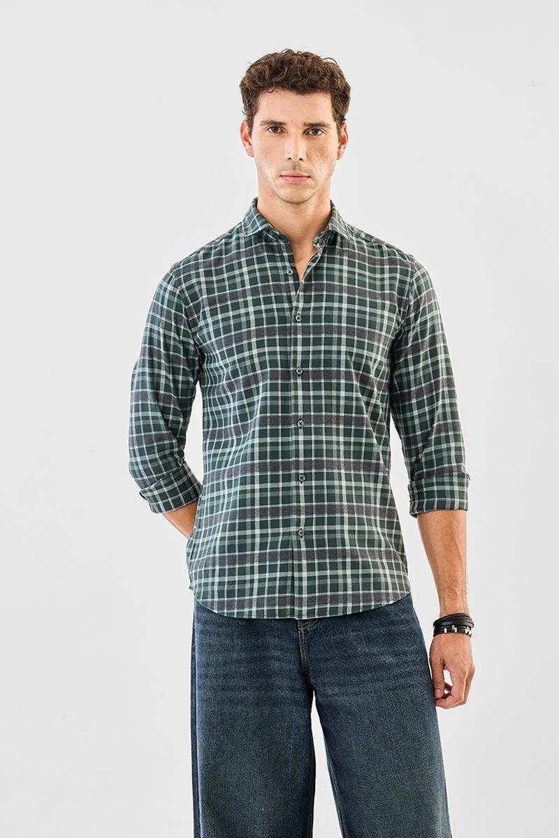 سنيتش Dark Green Checkered Long Sleeve Slim Fit Shirt