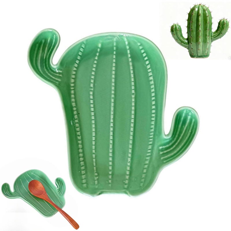 TOPYOKK Ceramic Spoon Rest for Stove Top & Kitchen Counter Spoon Holder for Stove & Cooking Spoon Holder for Ladle Cute Coffee Spoon Rest Utensil Rest Spatula Rest, Green Cactus Kitchen Decor & Accessories - Image 1