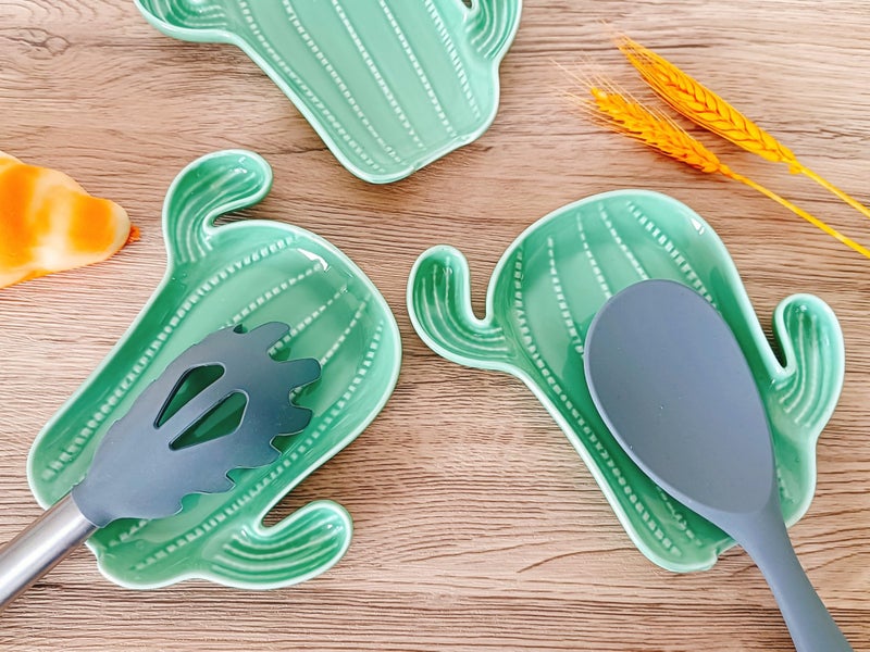 TOPYOKK Ceramic Spoon Rest for Stove Top & Kitchen Counter Spoon Holder for Stove & Cooking Spoon Holder for Ladle Cute Coffee Spoon Rest Utensil Rest Spatula Rest, Green Cactus Kitchen Decor & Accessories - Image 3