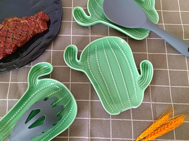 TOPYOKK Ceramic Spoon Rest for Stove Top & Kitchen Counter Spoon Holder for Stove & Cooking Spoon Holder for Ladle Cute Coffee Spoon Rest Utensil Rest Spatula Rest, Green Cactus Kitchen Decor & Accessories - Image 2