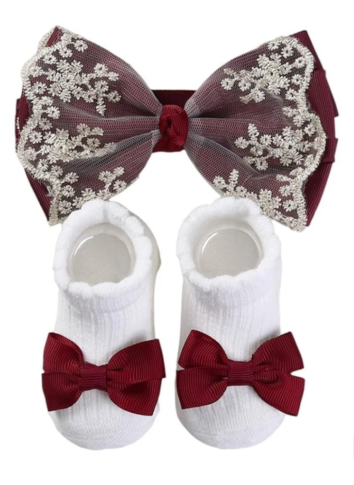 Bambimici Bambimici - Aaliyah Socks & Cute Ribbon Big Bow Headband Set - Burgundy
