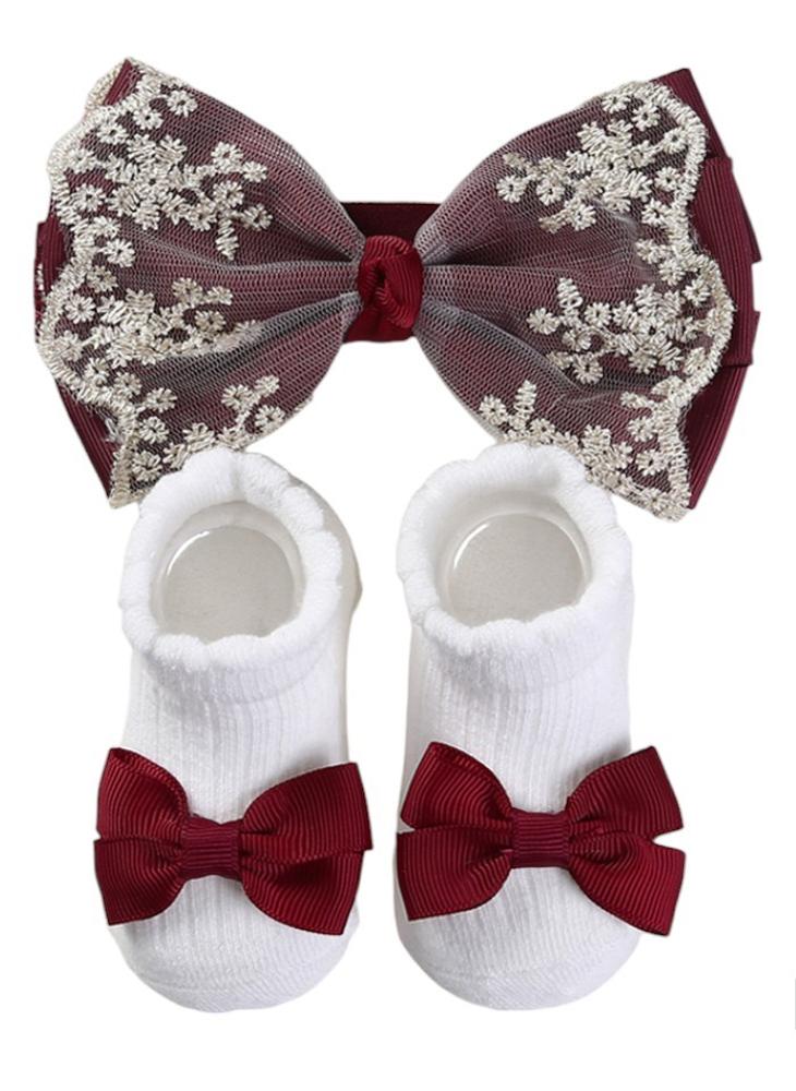 Bambimici Aaliyah Socks & Cute Ribbon Big Bow Headband Set Burgundy - Image 1