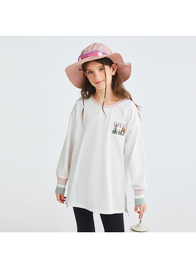 Hush Puppies قميص بنات جديد بأكمام طويلة لربيع/خريف بتصميم دائري مريح ومتعدد الاستخدامات، فستان تي شيرت متوسط الطول بأكمام طويلة للأطفال - Image 4