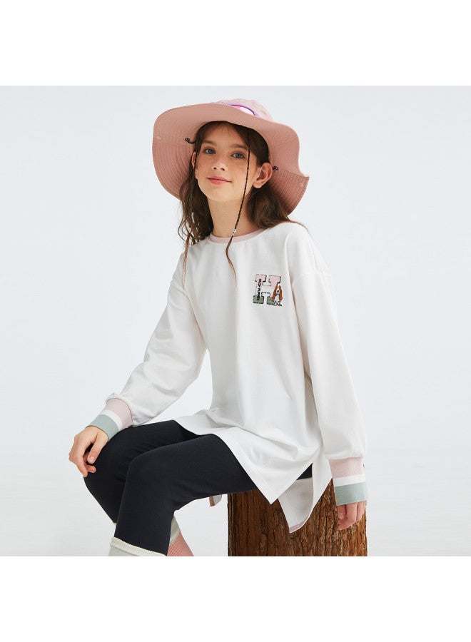 Hush Puppies قميص بنات جديد بأكمام طويلة لربيع/خريف بتصميم دائري مريح ومتعدد الاستخدامات، فستان تي شيرت متوسط الطول بأكمام طويلة للأطفال - Image 2