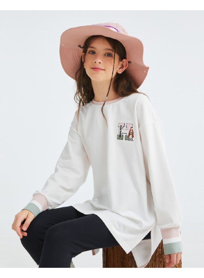 Hush Puppies قميص بنات جديد بأكمام طويلة لربيع/خريف بتصميم دائري مريح ومتعدد الاستخدامات، فستان تي شيرت متوسط الطول بأكمام طويلة للأطفال - Image 1