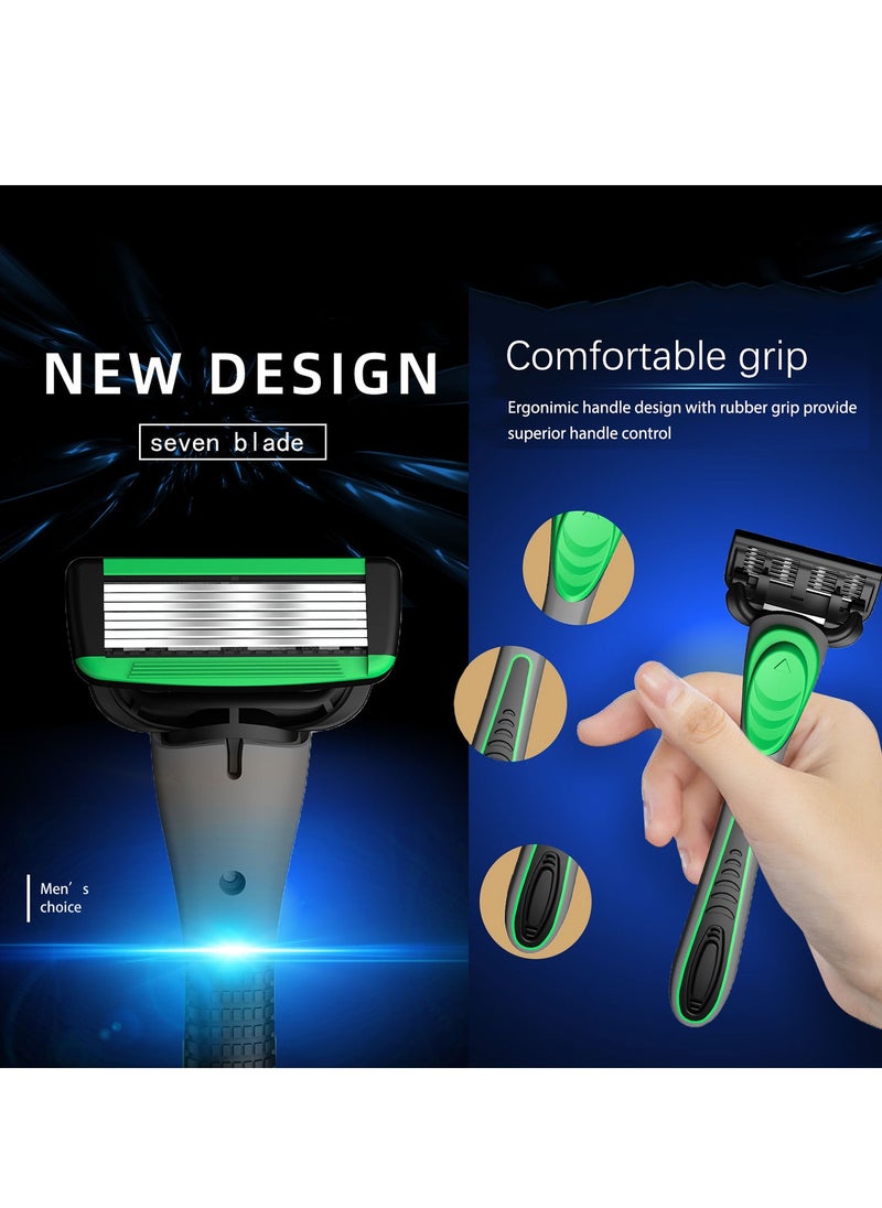 Men's Razor Kit, 7-layers Razor, Rubber Handle Razor, Replacement Blades, Shaving Set For Facial Care, 1 Handle + 2 Blades