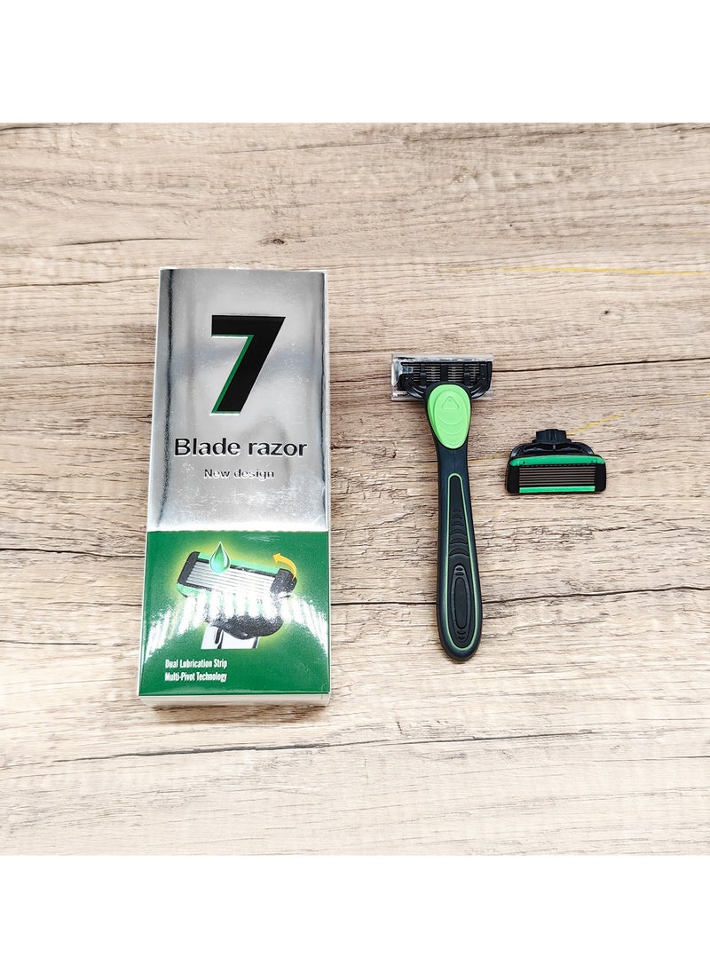 Men's Razor Kit, 7-layers Razor, Rubber Handle Razor, Replacement Blades, Shaving Set For Facial Care, 1 Handle + 2 Blades