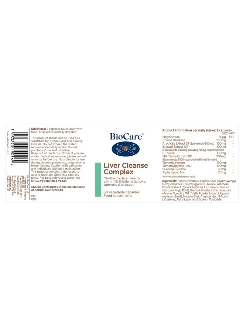 Biocare - Liver Cleanse Complex Choline For Liver Health with Milk Thistle, Artichoke, Turmeric & Broccoli, 60 Vegetable Capsules Food Supplement - Image 1