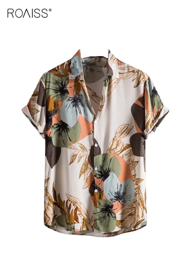 roaiss Men's Breathable Lapel Shirt Men's Casual Shirt Regular Fit Western Printed Short Sleeve Tie Button Loose Summer Beach Vacation Shirt for Men - Image 1
