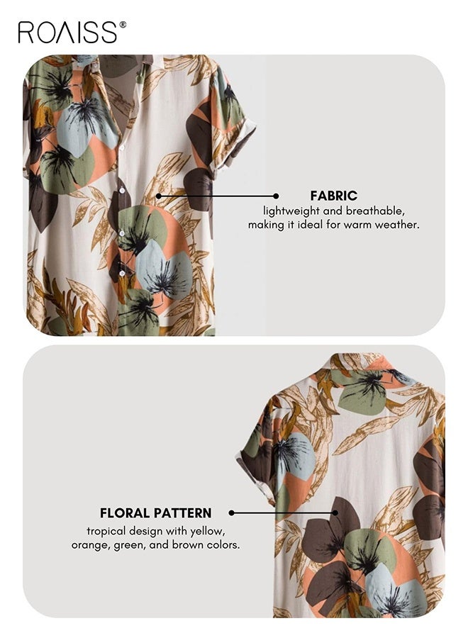 roaiss Men's Breathable Lapel Shirt Men's Casual Shirt Regular Fit Western Printed Short Sleeve Tie Button Loose Summer Beach Vacation Shirt for Men - Image 4