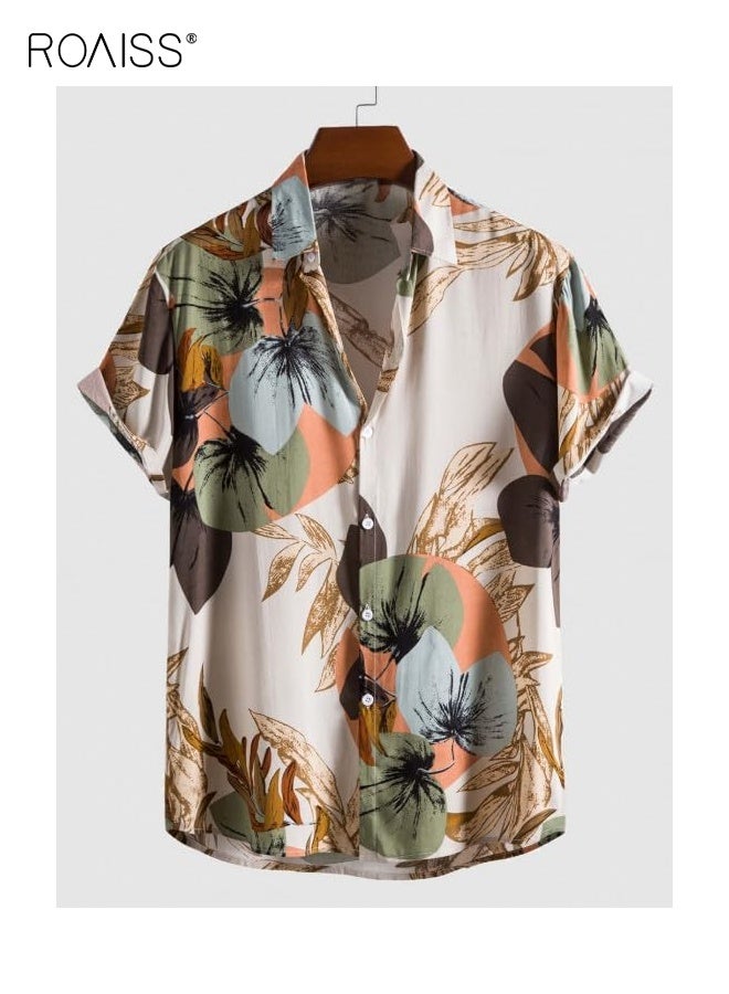 roaiss Men's Breathable Lapel Shirt Men's Casual Shirt Regular Fit Western Printed Short Sleeve Tie Button Loose Summer Beach Vacation Shirt for Men - Image 3