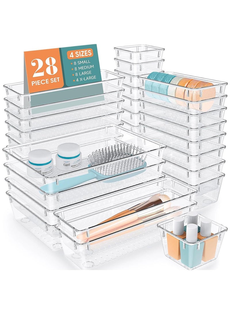 MarlaMall 28pcs Drawer Organisers Set, 4 Sizes Clear Plastic Drawer Organizer & Vanity Organiser for Makeup & Jewelry Storage, Kitchen Utensils & Gadgets, Desk Supplies, Bathroom & Bedroom Organisation - Image 1