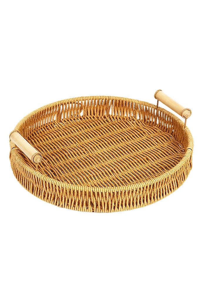 Imitation Rattan Wove Bread Basket, Fruits Storage Tray with Handles, Storage Basket for Serving Food, Vegetables, Crackers, Snacks - Image 1