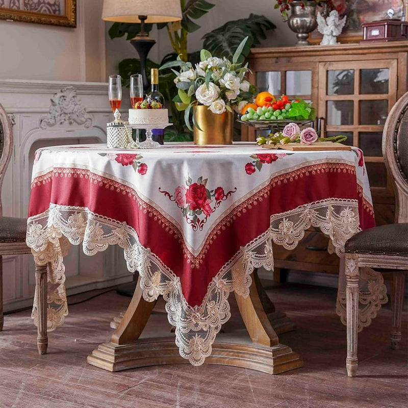 SUTAVIA Lace Embroidered Table Cloth Rectangular Farmhouse TableCover Classic Oblong Antique Flower Decor Macrame Tablecloth (Burgundy  Square  70""x70"") - Image 1