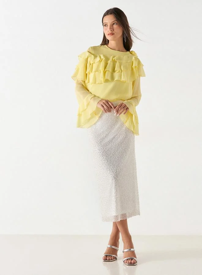 ايكونيك بلوزة بارزة الملمس بأكمام طويلة وتفاصيل كشكش من آيكونيك