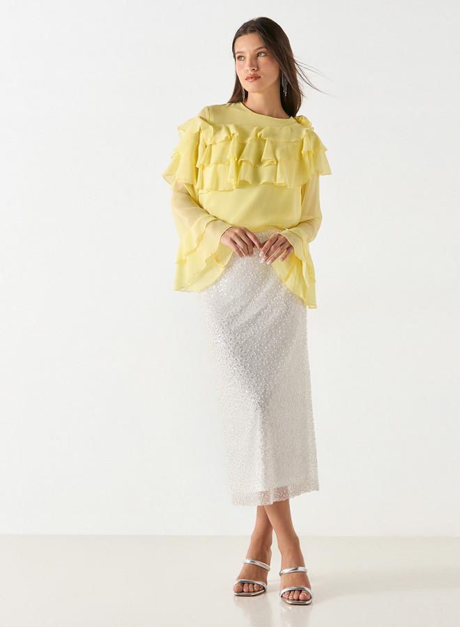 ايكونيك بلوزة بارزة الملمس بأكمام طويلة وتفاصيل كشكش من آيكونيك - Image 2