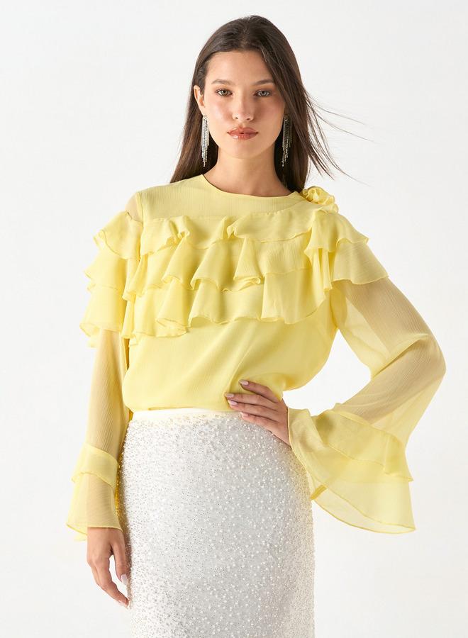 ايكونيك بلوزة بارزة الملمس بأكمام طويلة وتفاصيل كشكش من آيكونيك - Image 1