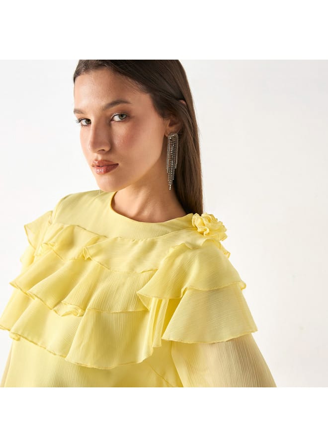 ايكونيك بلوزة بارزة الملمس بأكمام طويلة وتفاصيل كشكش من آيكونيك - Image 4