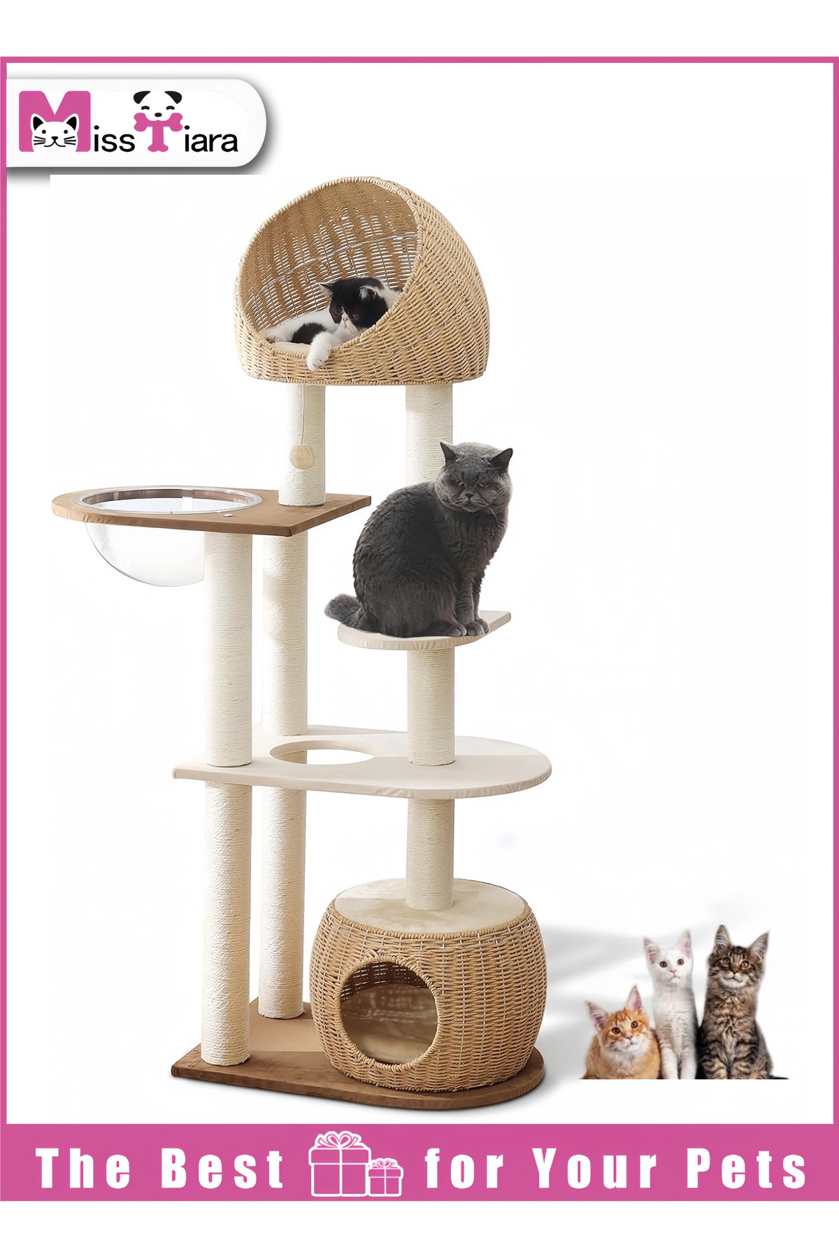 Modern Cat Tree Tower for Indoor Cats Solid Oak Cat Scratching Tree for Multiple Large Cats Manual Hand Woven Luxury Cat Condo, Unique High-end Design Cat Furniture Activity…